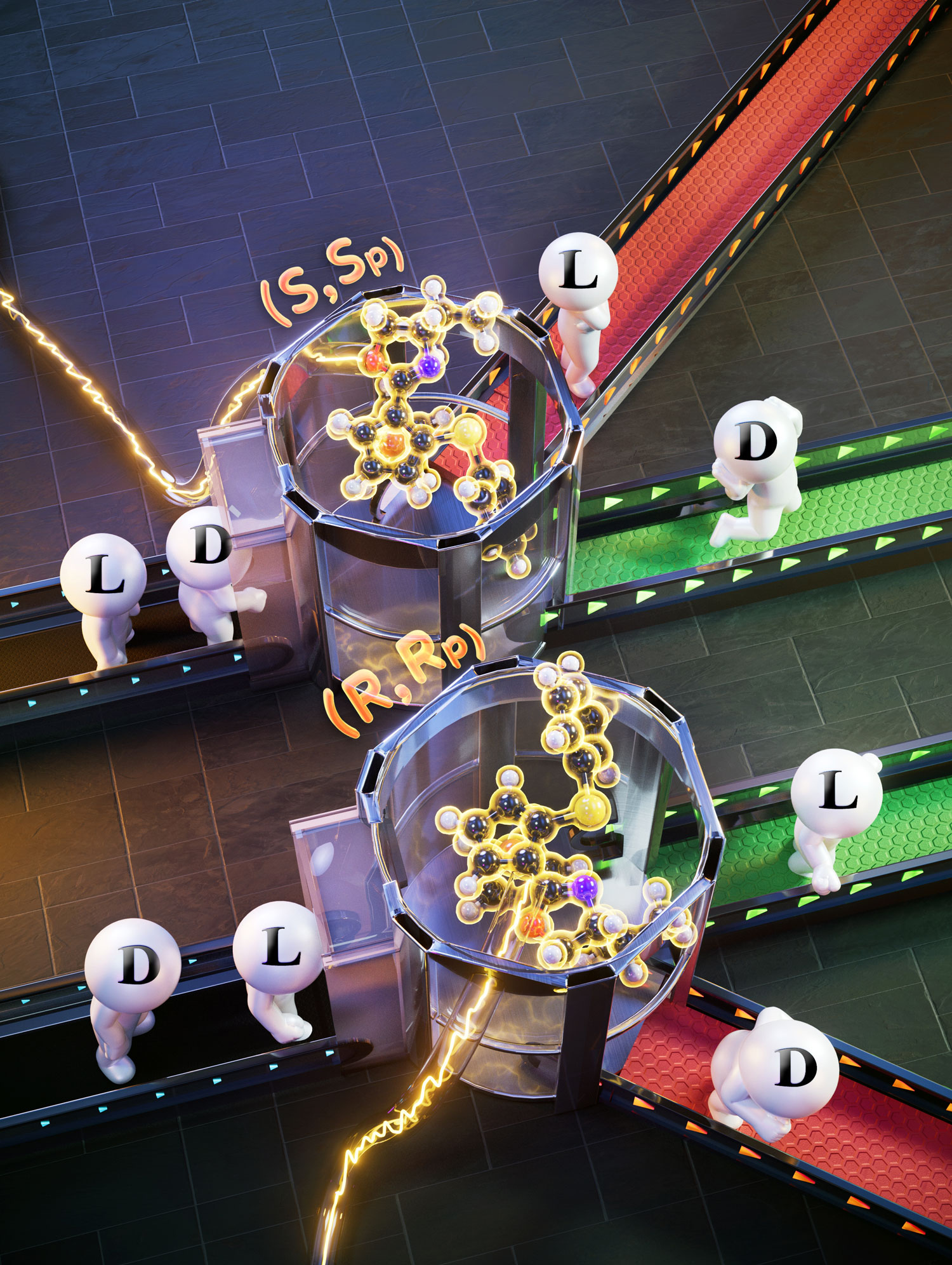 Different versions of the polymer (&amp;quot;S,Sp&amp;quot; and &amp;amp;ldquo;R,Rp&amp;amp;rdquo;) sorting between L and D enantiomer molecules. Image provided by Xiao Su.