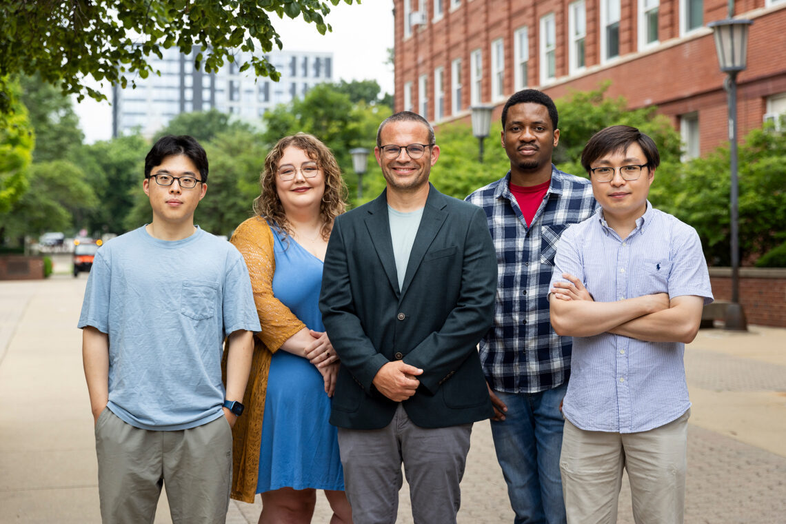 Professor Baron Peters, center, conducted the study with graduate students, from left, Jiankai Ge, Lela Manis, Emmanuel Ejiogu and Changhae Andrew Kim. Photo by Michelle Hassel