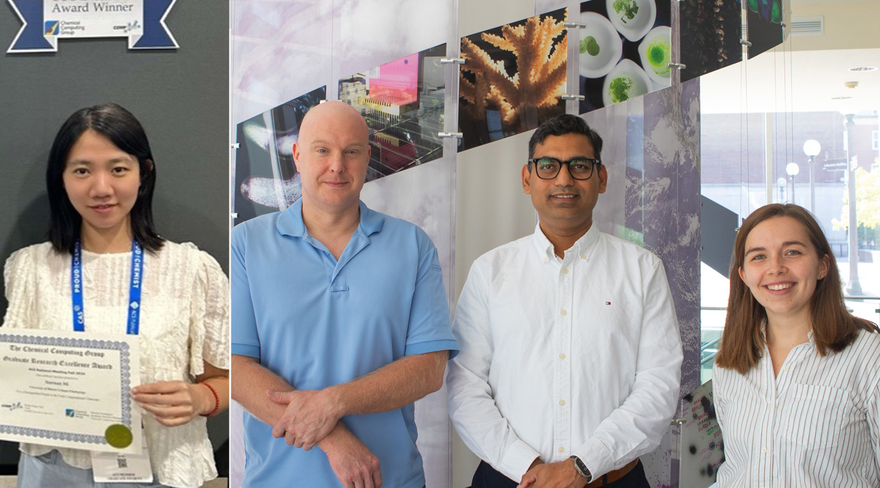 Left image: First author of the study Xuenan Mi received an award in 2024 for her work on LassoESM. Right image: Professor Doug Mitchell, Chemical and Biomolecular Engineering Professor&nbsp;Diwakar Shukla, and Susanna Barrett /&nbsp;<em>Isaac Mitchell</em>