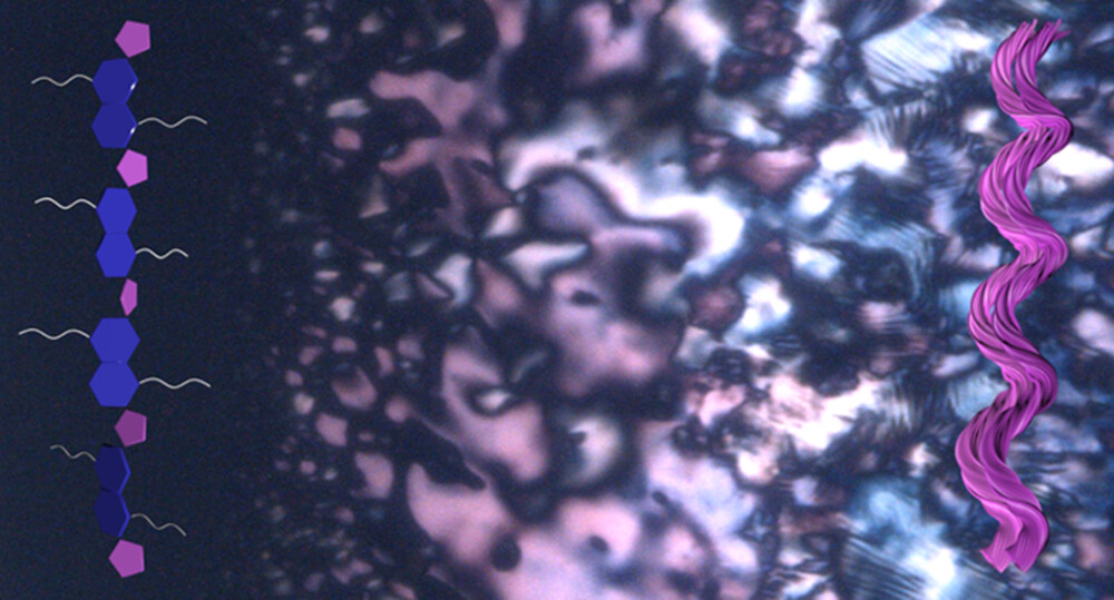 microscopic image of conjugated polymers with purple, blue and pink colorization