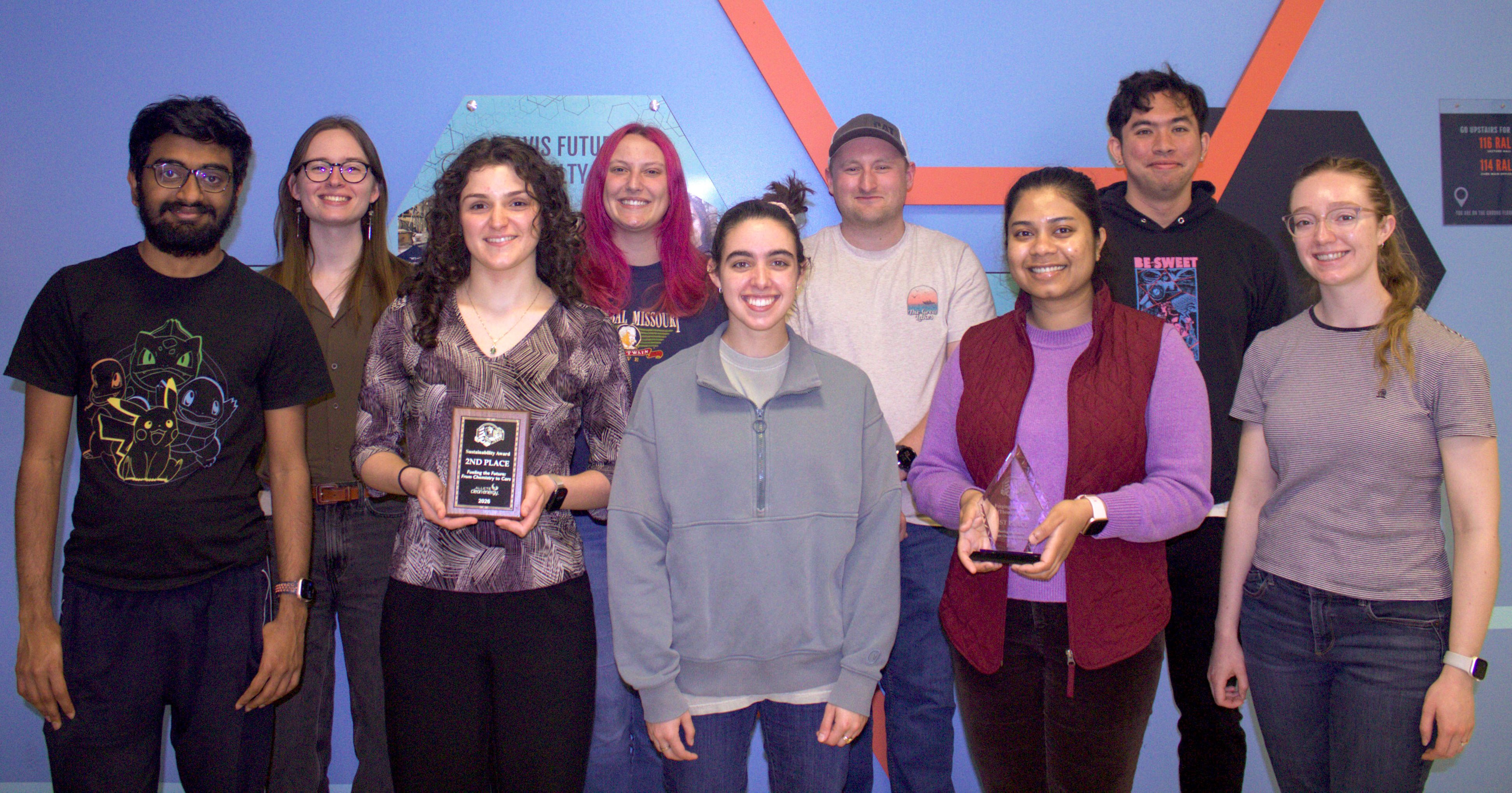 ChBE students that contributed to the exhibit's success included: first row, left to right, Sudharshan Kannapadi, Leah Kidder, Grace Kovakas, Harita Vasamsetti and&nbsp;Abi Meek; back row, Natalie Crowner, Megan Pierce, Kyle Kirkendall-Jones and&nbsp;Ben Chiu. Not pictured: Mert Kose.