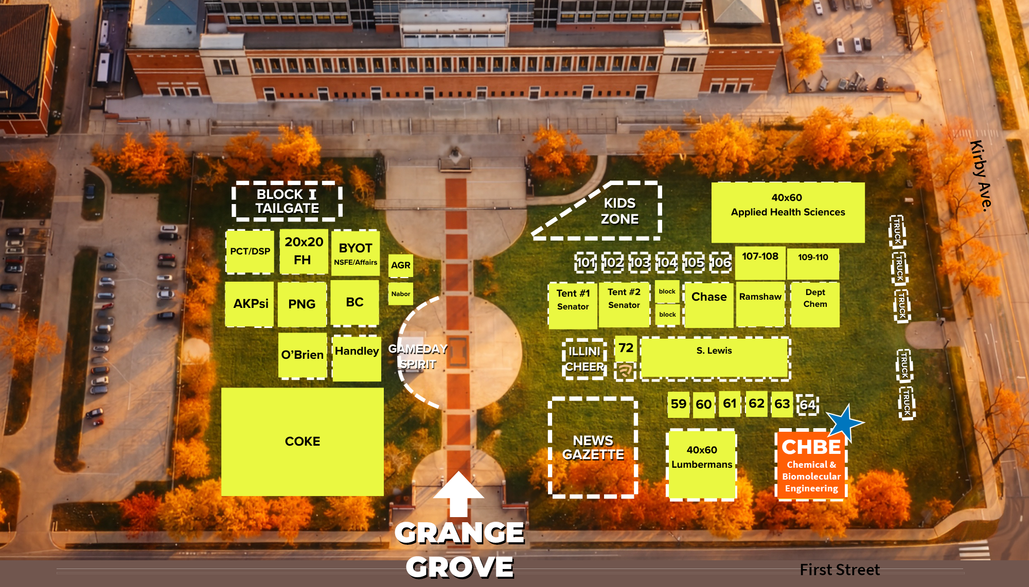 map of Grange Grove showing tailgate tent locations