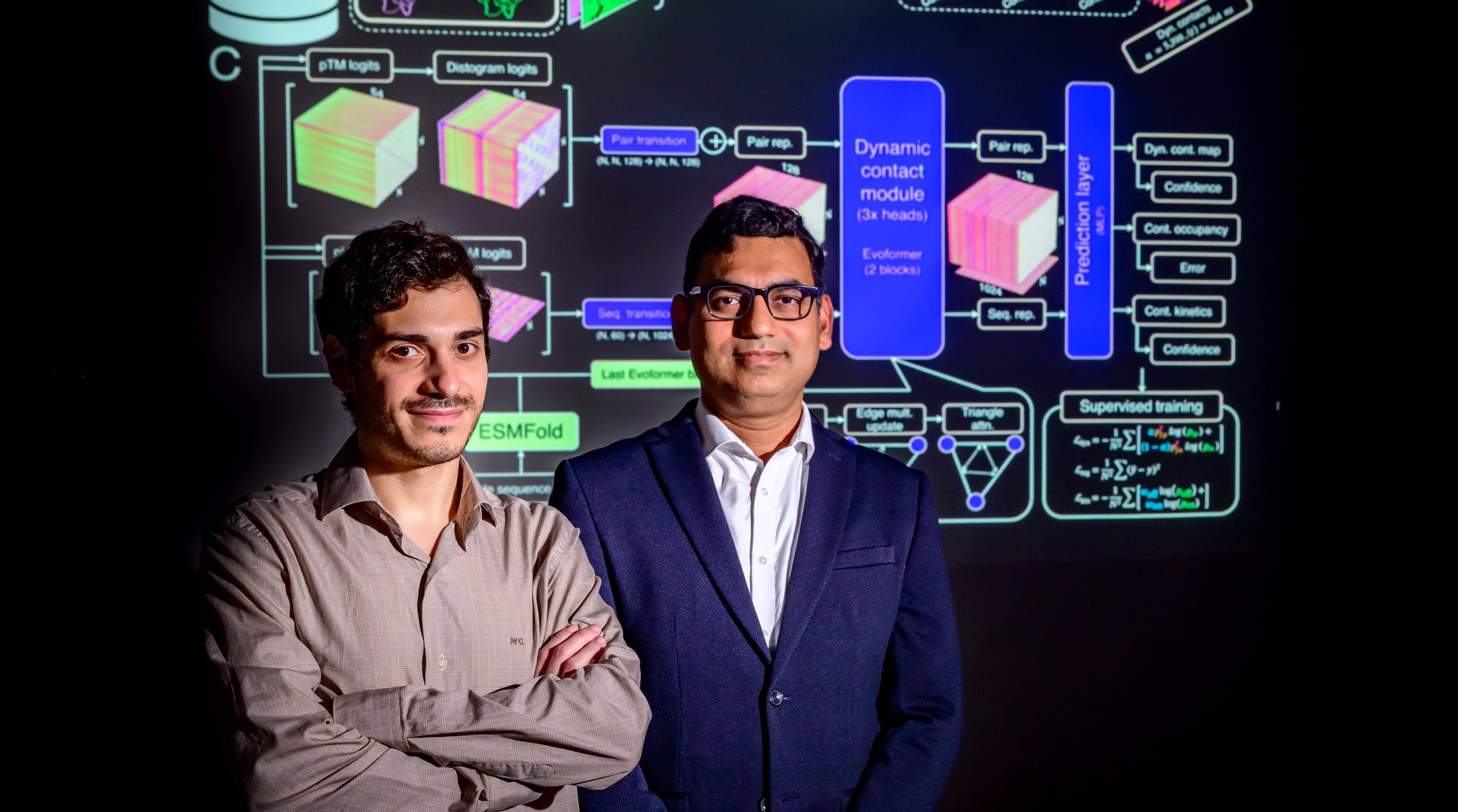 Diwakar Shukla, right, and graduate student Diego E. Kleiman worked together to map the moving parts of more than 18,000 proteins in the human body in less than two days, a feat that used to take months on a supercomputer. Photo by Fred Zwicky