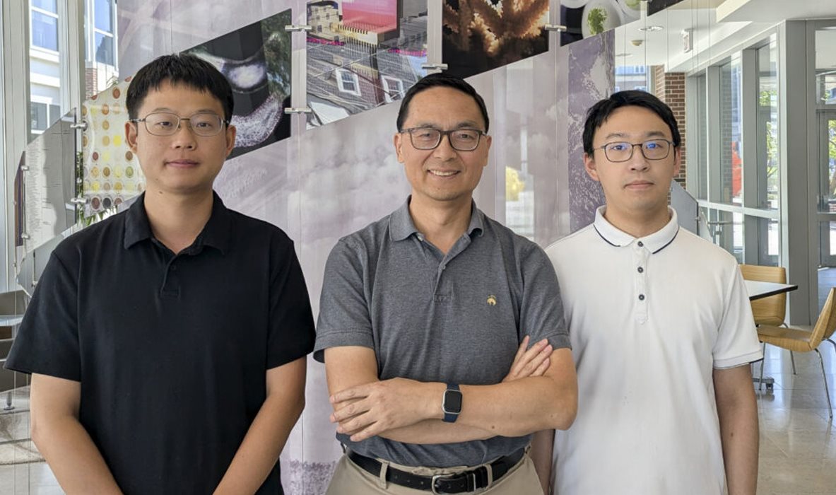 Pictured from left: researcher Yi Zhou, Professor Huimin Zhao, and researcher Yifei Ge / <em>Julie Wurth</em>