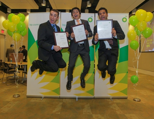 (l to r) Michael Richards, Nicholas Connolly, and Akash Moradia celebrate winning the BP Ultimate Field Trip in Houston.