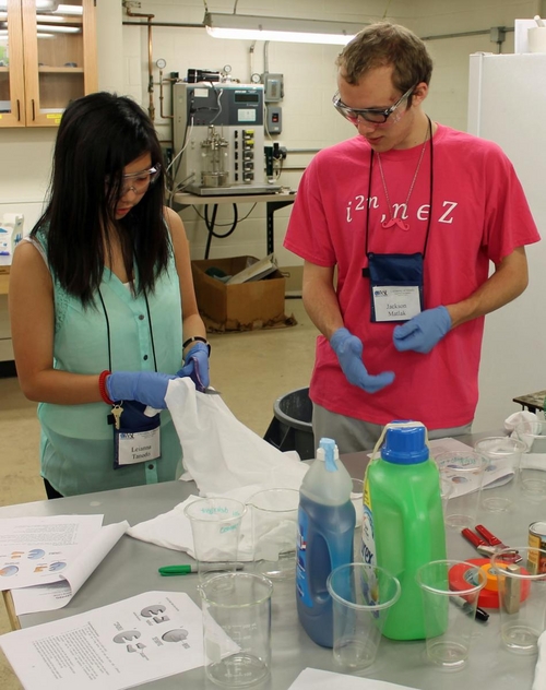 Students prepare fabric for the detergent experiment.