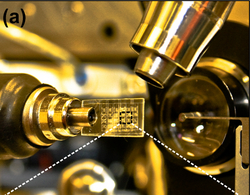 Optical micrograph of 24-well hybrid array chip mounted on the 21IDG beamline at LS-CAT.