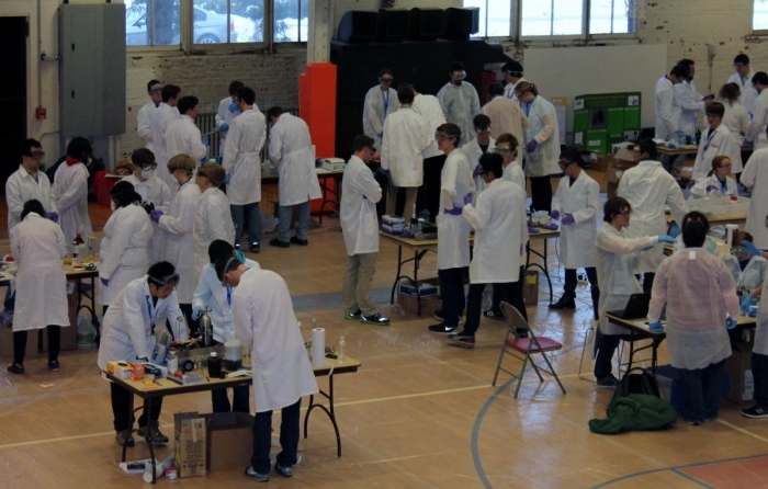 Students prepare for the ChemE Car competition in Kenney Gym on Saturday, Feb. 28, 2015. 