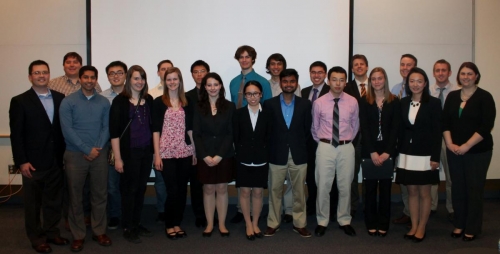 Undergraduate research symposium participants with the judges and Department Head Paul Kenis