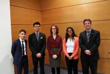 2016 symposium winners Yasheen Jadidi and SiiHong William Lau (3rd place), Rebecca Boehning (2nd place), Shayta Roy (1st place), Dr. Paul Kenis, Department Head.