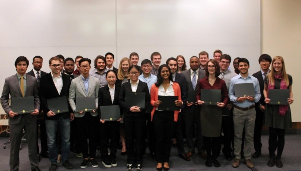 ChBE scholarship and research symposium winners gather at the Undergraduate Awards Ceremony on April 8, 2016.