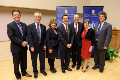 Department Head Paul Kenis, Associate Dean Feng Sheng Hu, Interim Chancellor Barbara Wilson, Professor Huimin Zhao, Steven and Sheila Miller, School of Chemical Sciences Director Jonathan Sweedler.