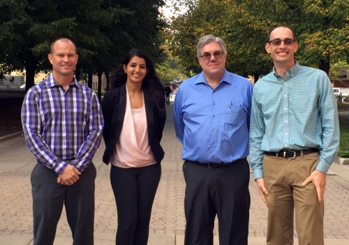 2016 judges: Dr. Cory Berkland (PHD '03, Pack), Dr. Khushnuma Koita (PHD '12, Rao), Dr. John Gohndrone (PHD '88, Masel), and Dr. Matthew Liberatore (PHD '03, McHugh).