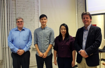 Judge John Gohndrone and Department Head Paul Kenis with Tim Chung (third place, poster) and Ge Qu (second place, poster). Not pictured: first place winner Arkaprava Dan.