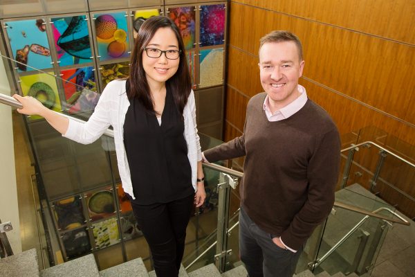 (left) Ji Sun (Sunny) Choi, postdoctoral research associate and Brendan Harley, Associate Professor of Chemical and Biomolecular Engineering. Photo by L. Brian Stauffer, U of I News Bureau.