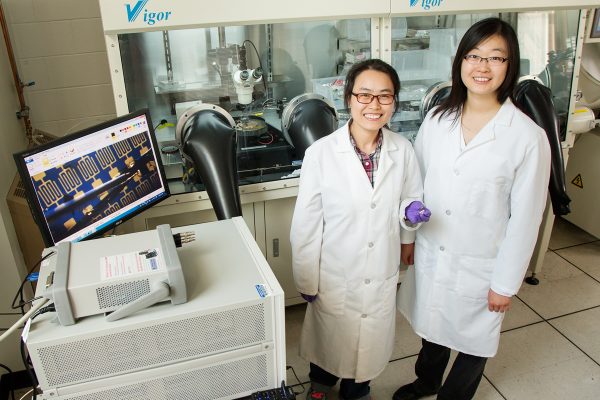 Fengjie Zhang, postdoc (left) and Ying Diao, professor of chemical and biological engineering