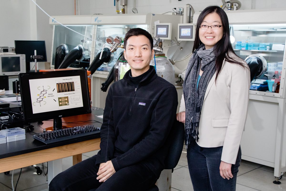 From left: Doctoral student Hyunjoong (Tim) Chung and Ying Diao, Assistant Professor of Chemical and Biomolecular Engineering, in the Diao Lab. Photo by L. Brian Stauffer.