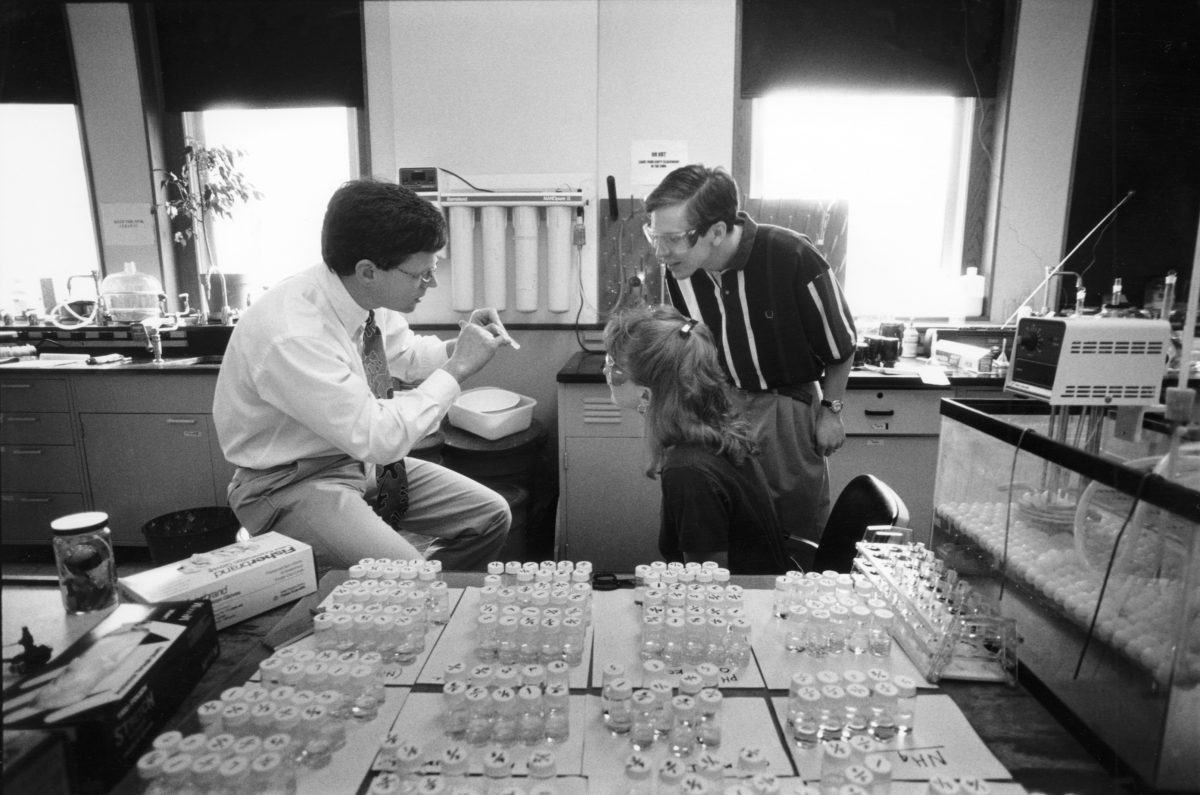 Characterizing the structure and formation of protein crystals formed a central part of the research of Professor Charles Zukoski, shown here with members of his group, graduate students Mike Farnum and Suzanne Jogun in 1998.