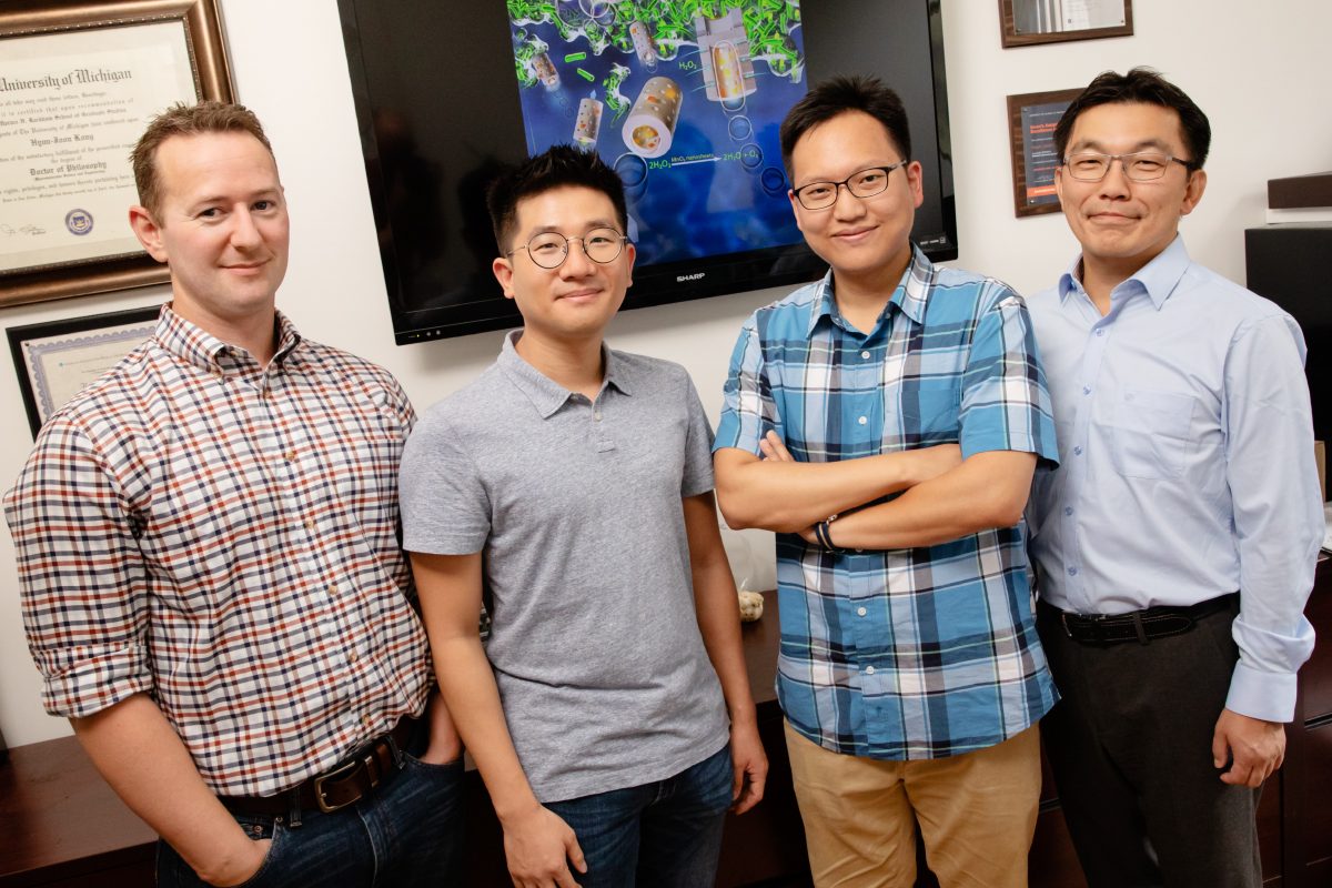 From left: Simon Rogers, professor of Chemical and Biomolecular Engineering; Jun Pong Park, postdoc; Yongbeaom Seo, postdoc; and Hyunjoon (Joon) Kong, professor of Chemical and Biomolecular Engineering. Photo by L. Brian Stauffer.