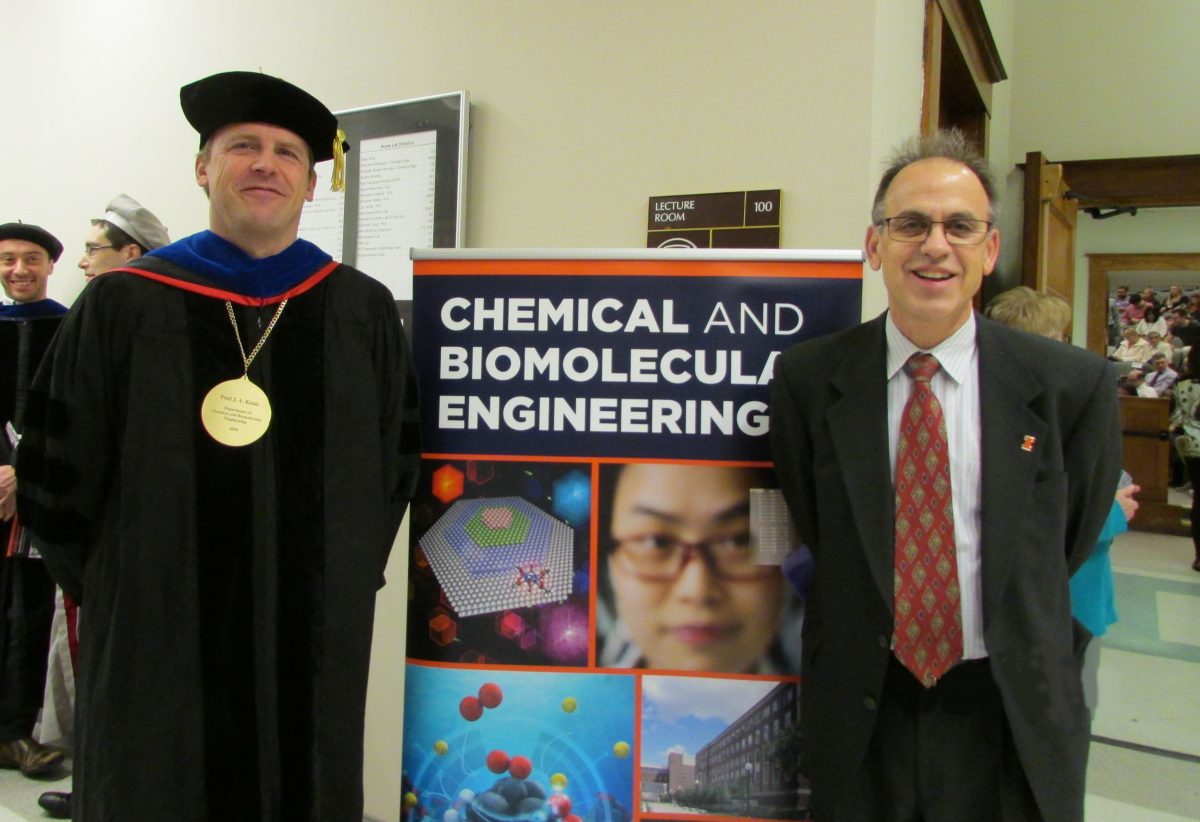 Department Head Dr. Paul Kenis with convocation speaker Dr. Dale Kyser (PhD &#8217;87).