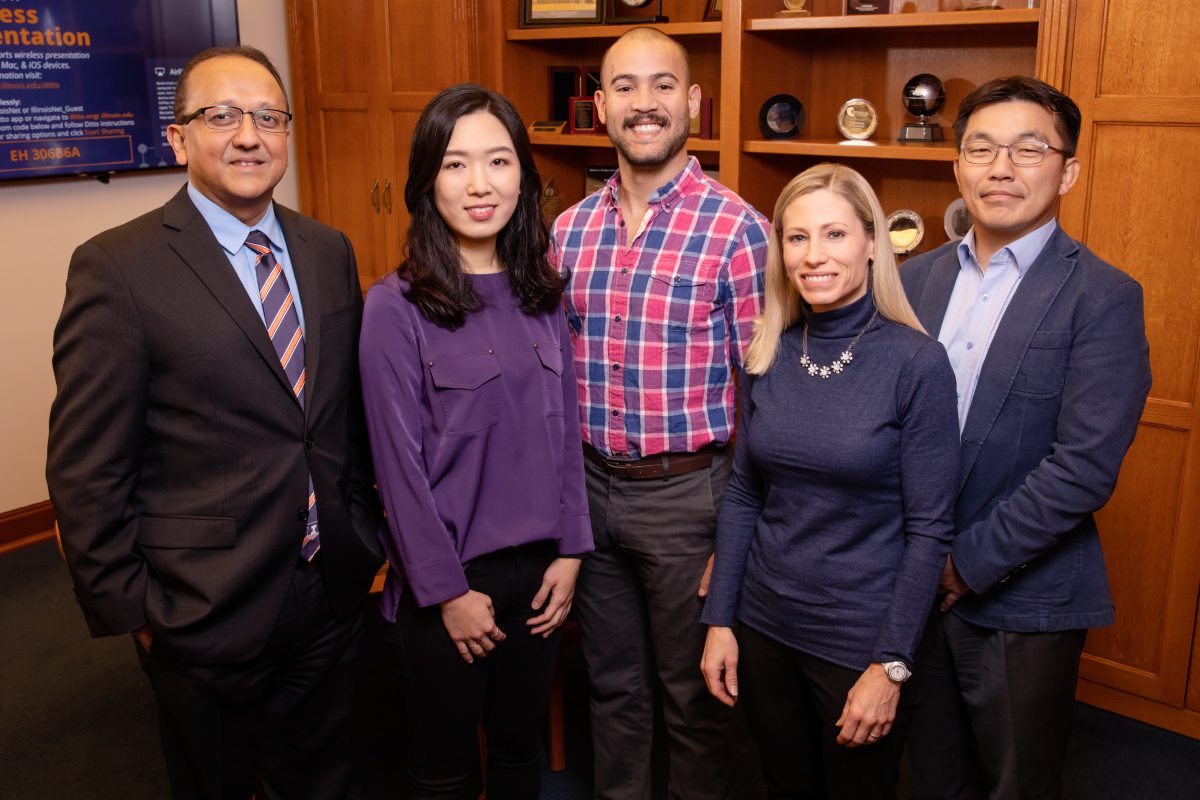 From left: College of Engineering Dean Rashid Bashir; Clare Ko, graduate student; Gelson Pagan-Diaz, graduate student; Marni Boppart, professor of kinesiology & community health; and Joon Kong, professor of chemical & biological engineering