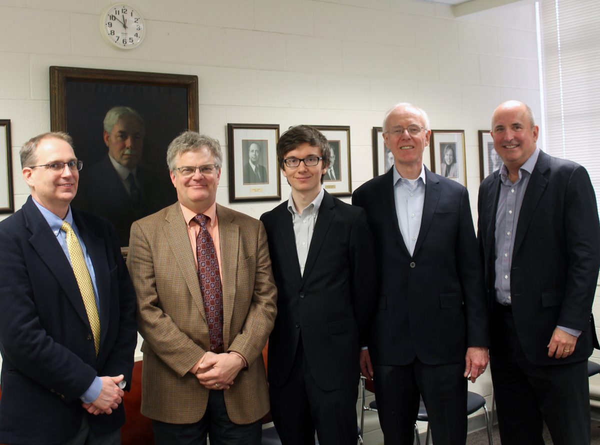 Dr. Chris Burcham, Ed Dvorsky, OXE president and ChBE senior Pierce Blazna, Dr. George McConaghy, and Ron Corn.