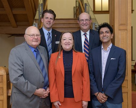 From left, front row: David Boger, Joan Brennecke, Ajay Virkar, Steve Miller, and Paul Kenis at the Department of Chemical &amp;amp;amp;amp;amp;amp; Biomolecular Engineering Fall Awards Ceremony. Photos by Della Perrone for the University of Illinois.
