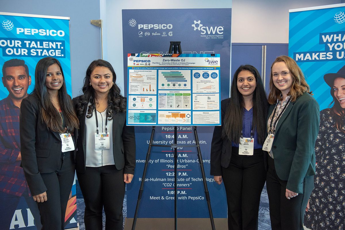 Illinois students won third place in the national Pepisco/SWE Challenge at the Society for Women Engineers Conference this fall. From left to right are Sahana Belagur (ChBE), Sasu Tuladhar (ChBE), Adithi Murthy (IE) and Joy Hensold (ChBE).