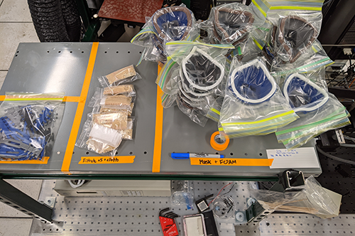 Photo of the assembled masks, filters, and &#8216;ear savers&#8217; ready to be packed and sent out to hospitals and first responders. (Photo courtesy of Diao Research Group.)