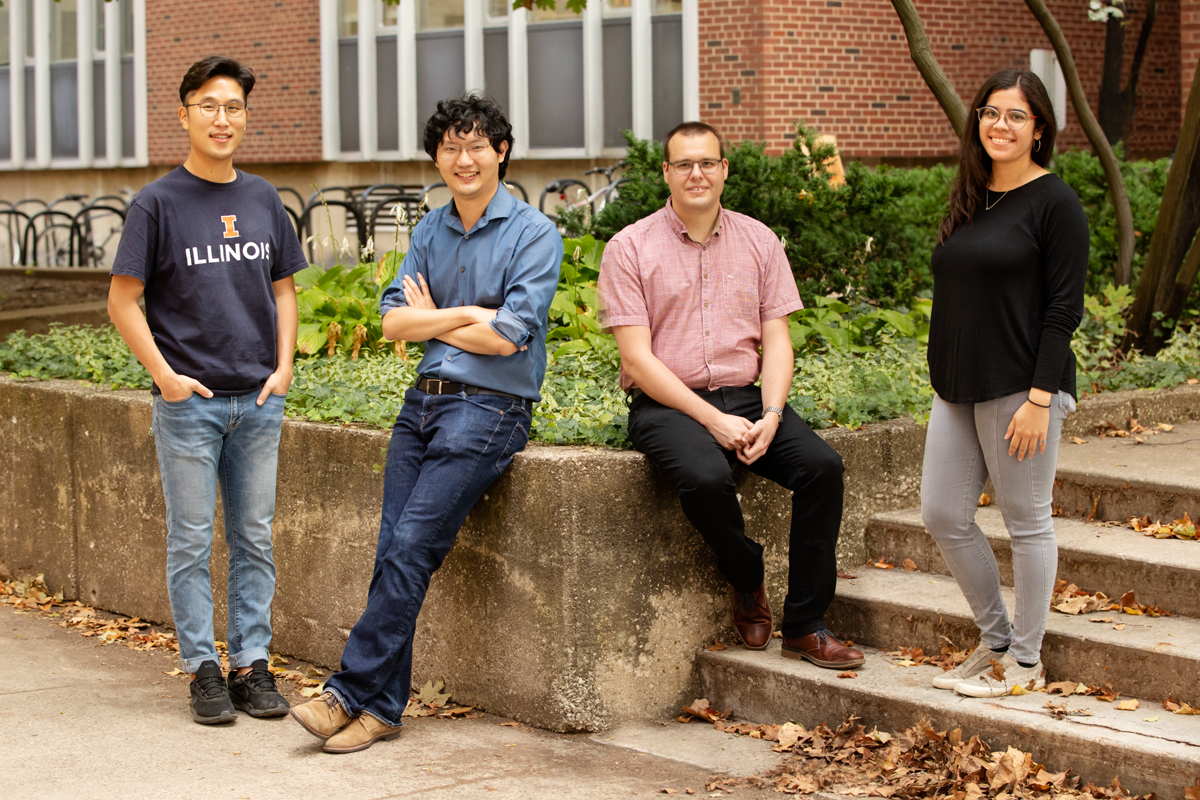 Illinois engineers Kwiyong Kim, left, Professor Xiao Su, Johannes Elbert and Paola Baldaguez Medina are part of a team that developed a new polymer electrode device that can capture and destroy PFAS contaminants present in water. Photo by L. Brian Stauffer