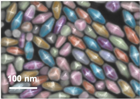 NanodiamondYiming Wang, Lu Group graduate studentDepartment of Chemistry&#160;A false-colored SEM image of gold nanoparticles in a bipyramidal shape. The gold nanostructures exhibit five-fold symmetry along the longitudinal axis. The nanoparticles have 10 facets and sharp tips, resembling the shape of diamonds. The longitudinal diameter of the nanoparticles is around 100 nm, and the transversal diameter is around 30 nm.