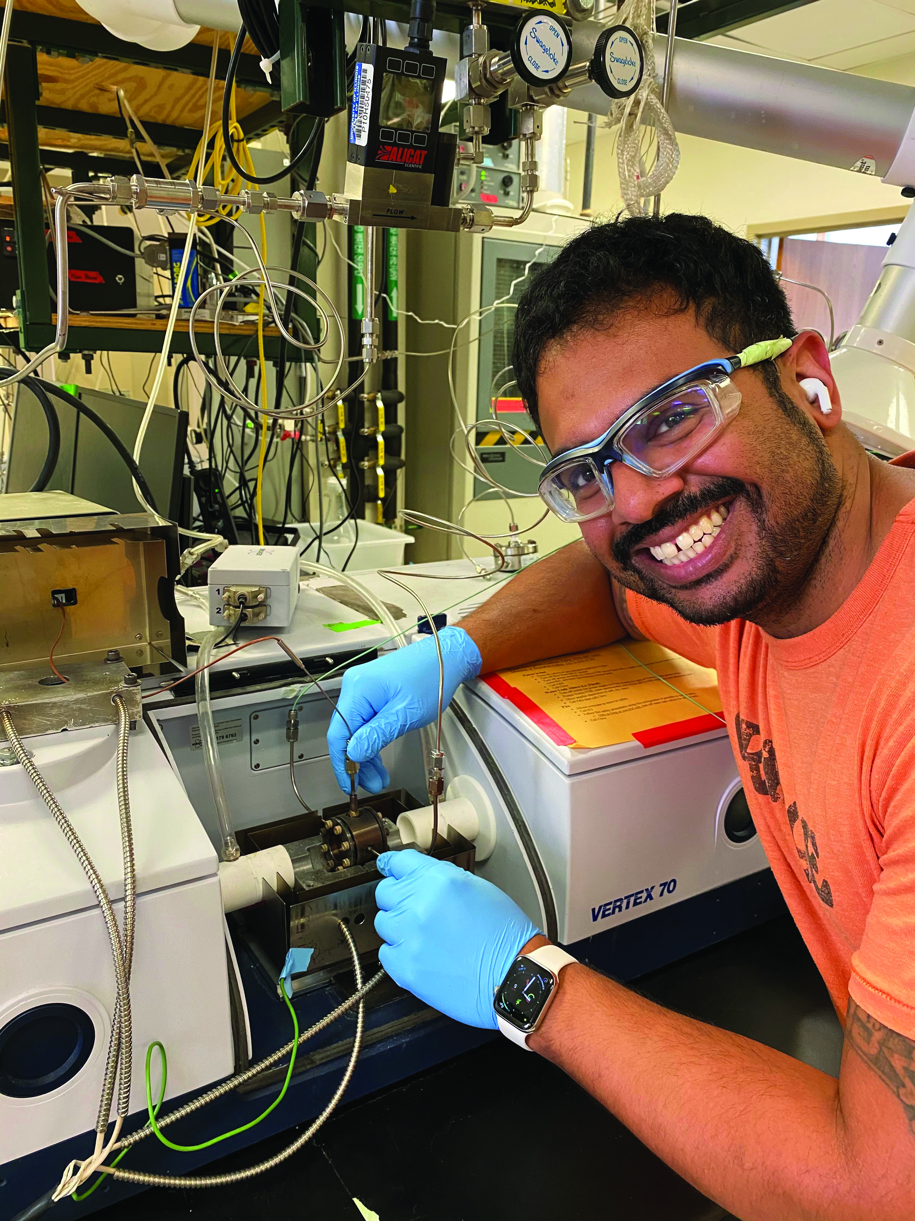 Graduate student Chris Torres manages and operates a Vertex-70 FTIR spectroscope in the Flaherty lab. He couples modern and classic chemical engineering principles to investigate solid-liquid interactions on zeolite materials and inform sustainable catalyst design.