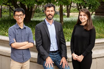 Chemical and biomolecular engineering researchers from the University of Illinois studied how water molecules assemble and change shape to reveal strategies that speed up chemical reactions critical to industry and environmental sustainability. From left, graduate student Matthew Chan, professor David Flaherty and graduate student Zeynep Ayla. Photo by L. Brian Stauffer