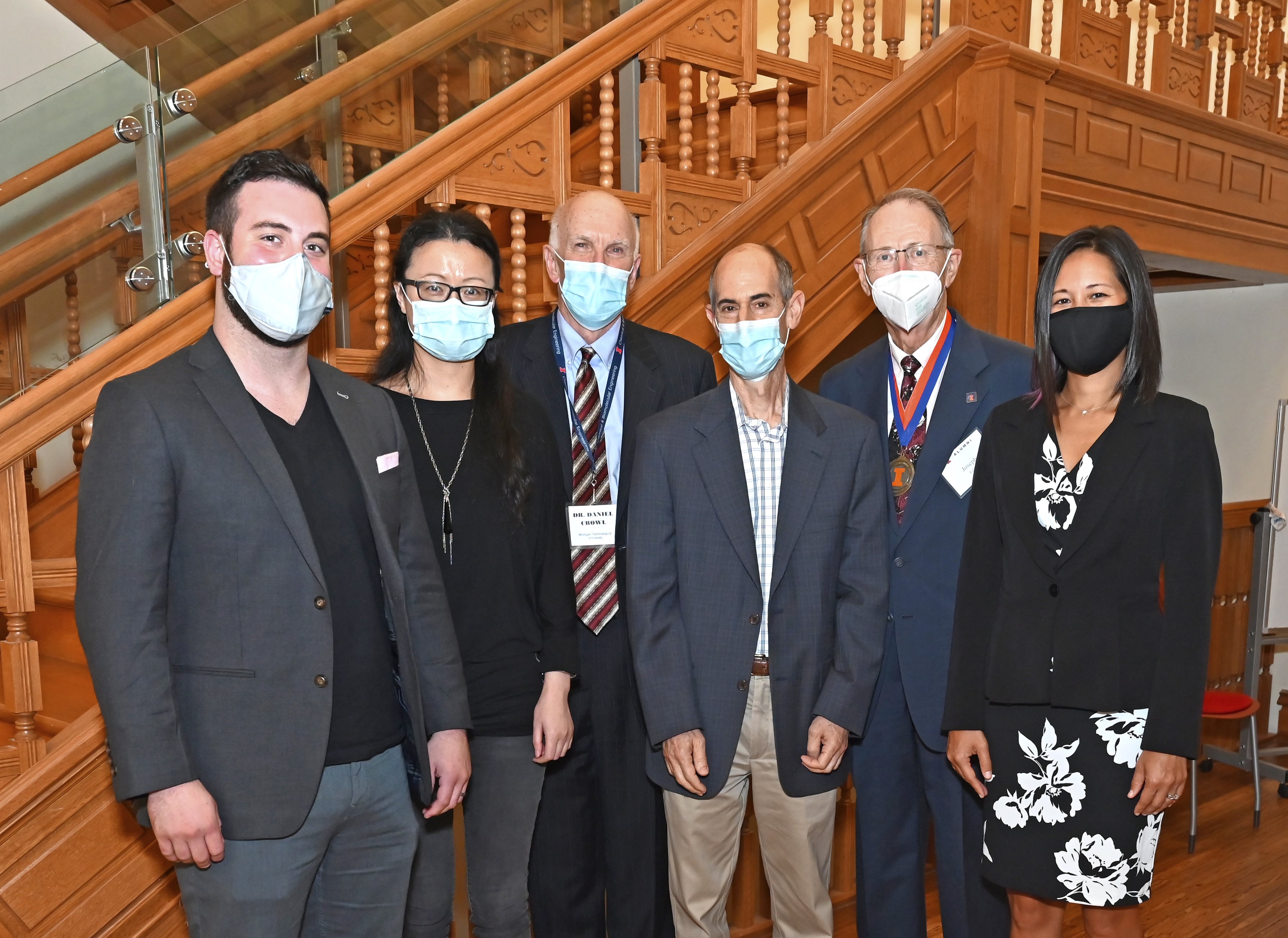 Alumni Award winners (L to R): Jacob Becraft, Fei Wen, Daniel Crowl, Robert Sankman, Joseph Glas, and Laura Banovic Flessner.