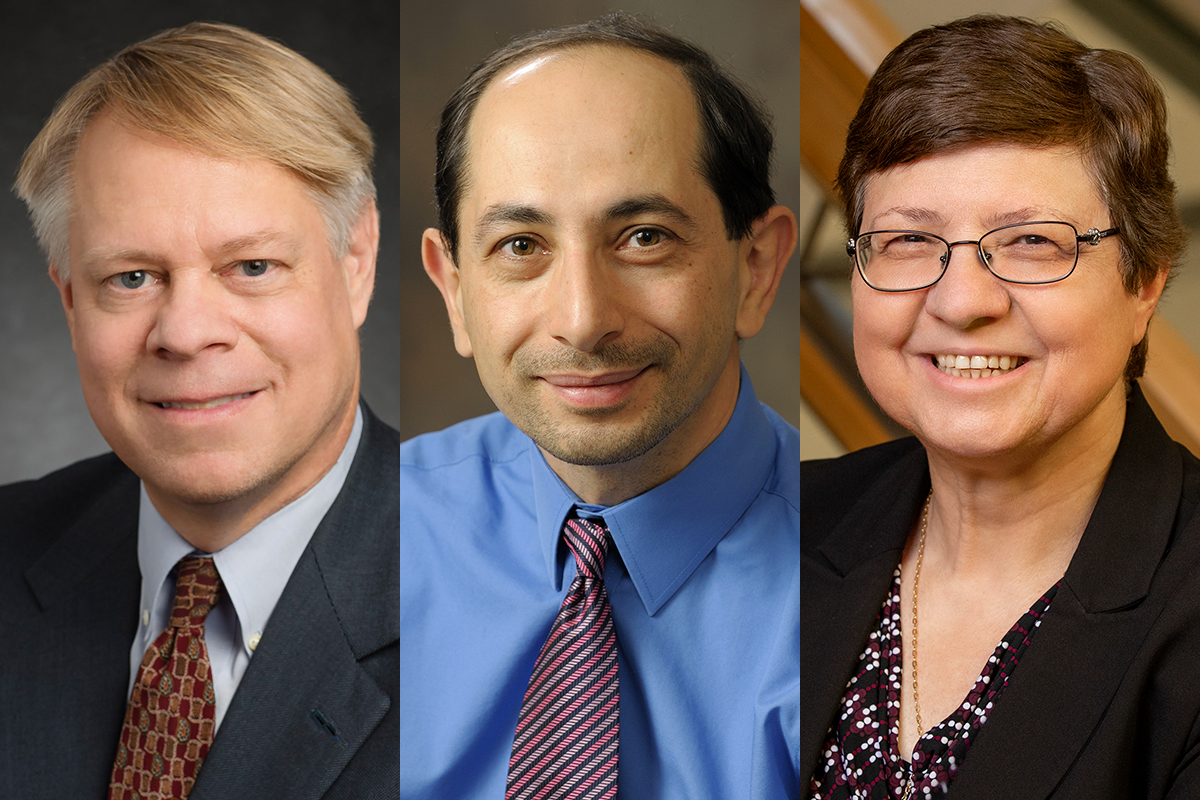 From left: chemical and biomolecular engineering professor William Hammack, civil and environmental engineering professor Youssef Hashash and computer science professor Klara Nahrstedt are newly elected members of the National Academy of Engineering. Photos by L. Brian Stauffer and Thompson-McClellan