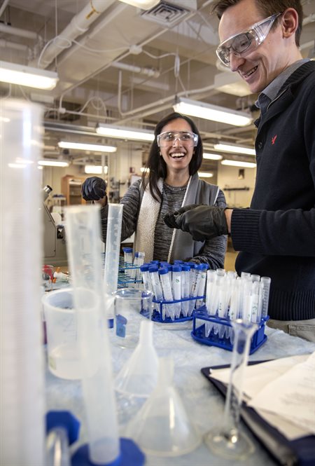 Chemical and biomolecular engineering undergraduate students work in the Unit Ops Laboratory.&nbsp;