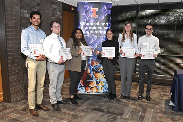 Winners of the Chemical and&amp;amp;nbsp;Biomolecular Engineering's Graduate Research Symposium were recognized at the awards ceremony. From left: Graduate students Yash Laxman Kamble, Jarom Sederholm, Richa Ghosh, Melanie A. Brunet Torres, Susannah Miller and Ryan Miller.