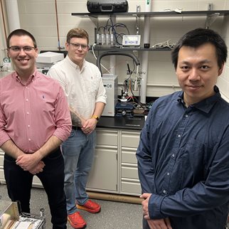 Researchers, from left, Matthew Confer, Scott Dubowsky, and Jian Wang combined their expertise in chemistry and plasma engineering to demonstrate a metal-catalyst-free approach to form carbon-carbon bonds.