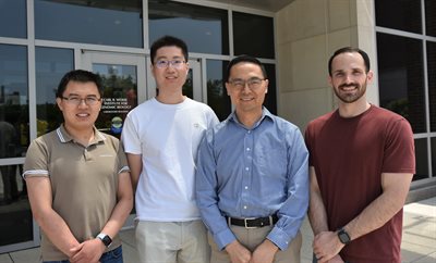 Co-authors on a recent study included, from left, Postdoc Haiyang Cui, CABBI Postdoc Zhenghi Zhang, CABBI Conversion Theme Leader Huimin Zhao, and CABBI graduate student Wesley Harrison, all from the Department of Chemical and Biomolecular Engineering at the University of Illinois Urbana-Champaign.