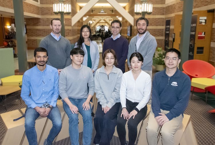 Top row, left to right: Professors Simon Rogers, Ying Diao, Charles Sing, and Damien Guironnet. Bottom row, left to right: Yash Kamble, Sanghyun Jeon, Jiachun Shi, Haisu Kang, and Tianyuan Pan. Not pictured: Matthew Wade and Bijal Patel. Credit: Jenna Kurtzweil, Beckman Institute Communications Office.