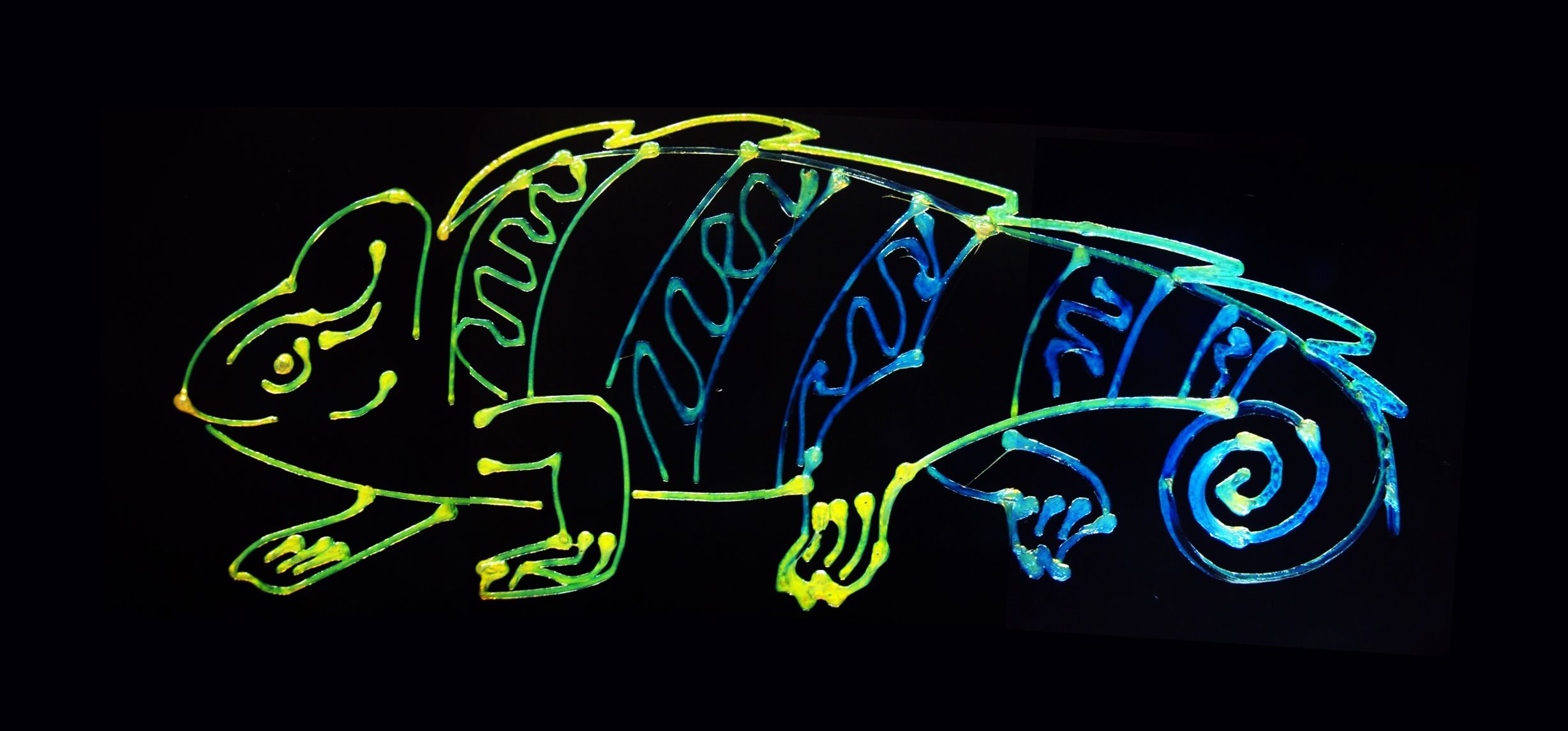 Inspired by the color-changing abilities of chameleons, researchers developed a dynamic and sustainable color-changing ink seen in this 3D printed chameleon illustration created by the research team. Credit: Sanghyun Jeon, Diao Lab.