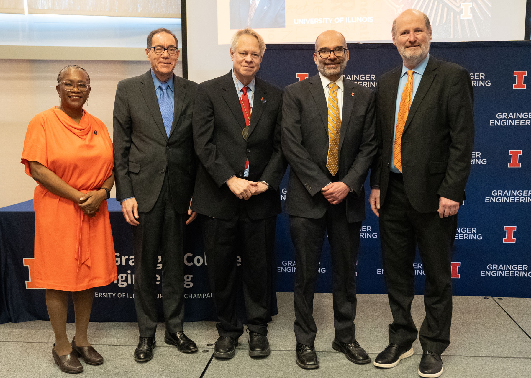 Left to right:&nbsp;Venetria Patton, John Coleman, Bill Hammack, Chris Rao and Philippe Geubelle at the investiture ceremony.