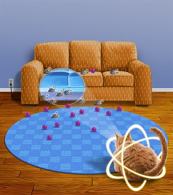 Artwork showing a cat spying on mice hiding under a couch, with the cat representing a neutron, the mice representing monovalent anions, and the couch representing a positively charged polymer.