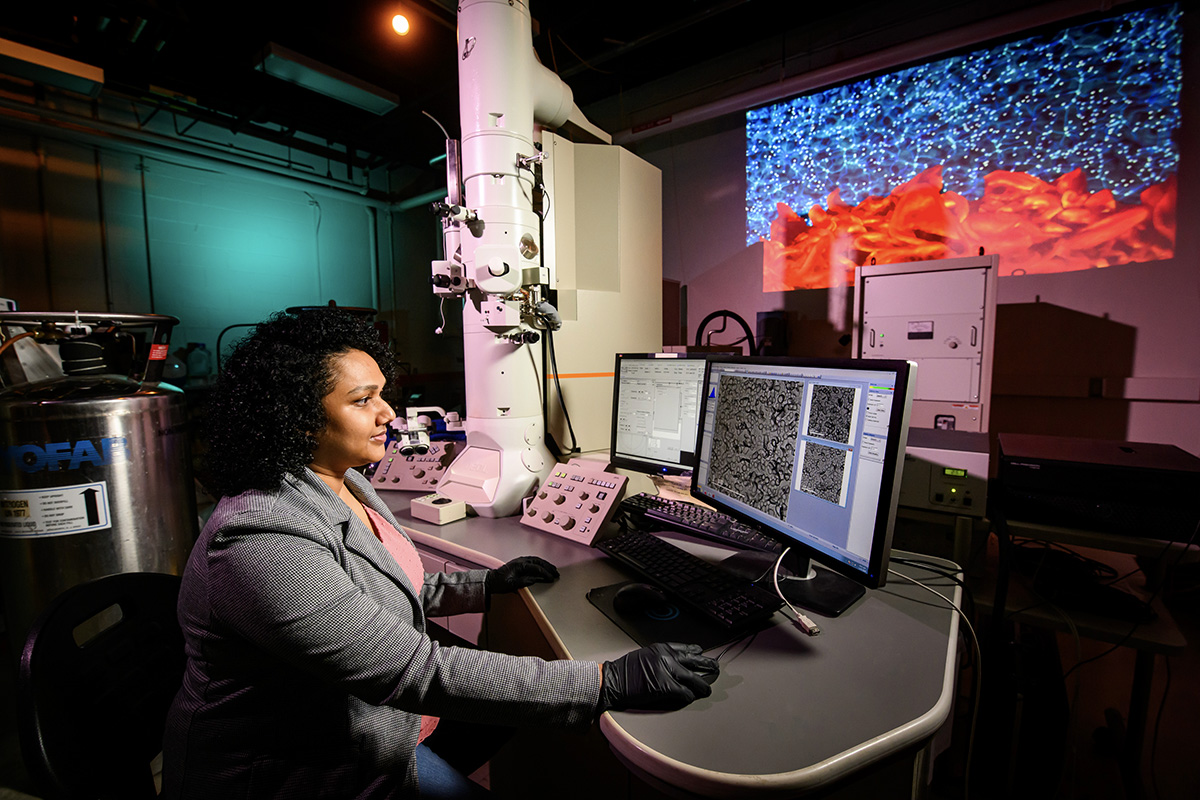 Chemistry graduate student Falon Kalutantirige worked with multiple technologies for this study, including transmission electron microscopy.&amp;nbsp;