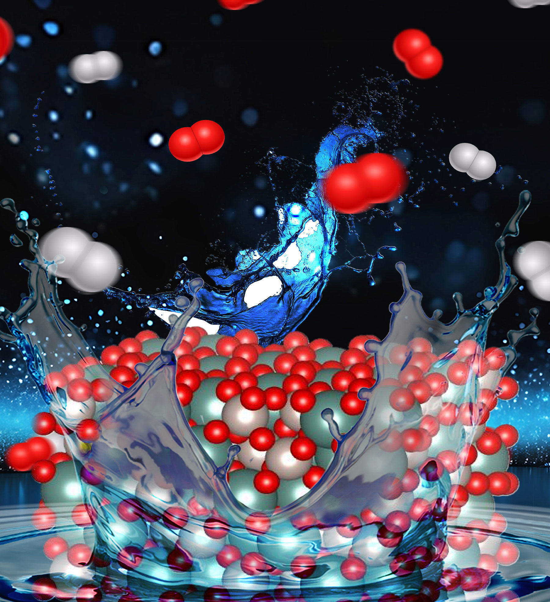 Graphical representation of water molecules being split into oxygen and hydrogen atoms.