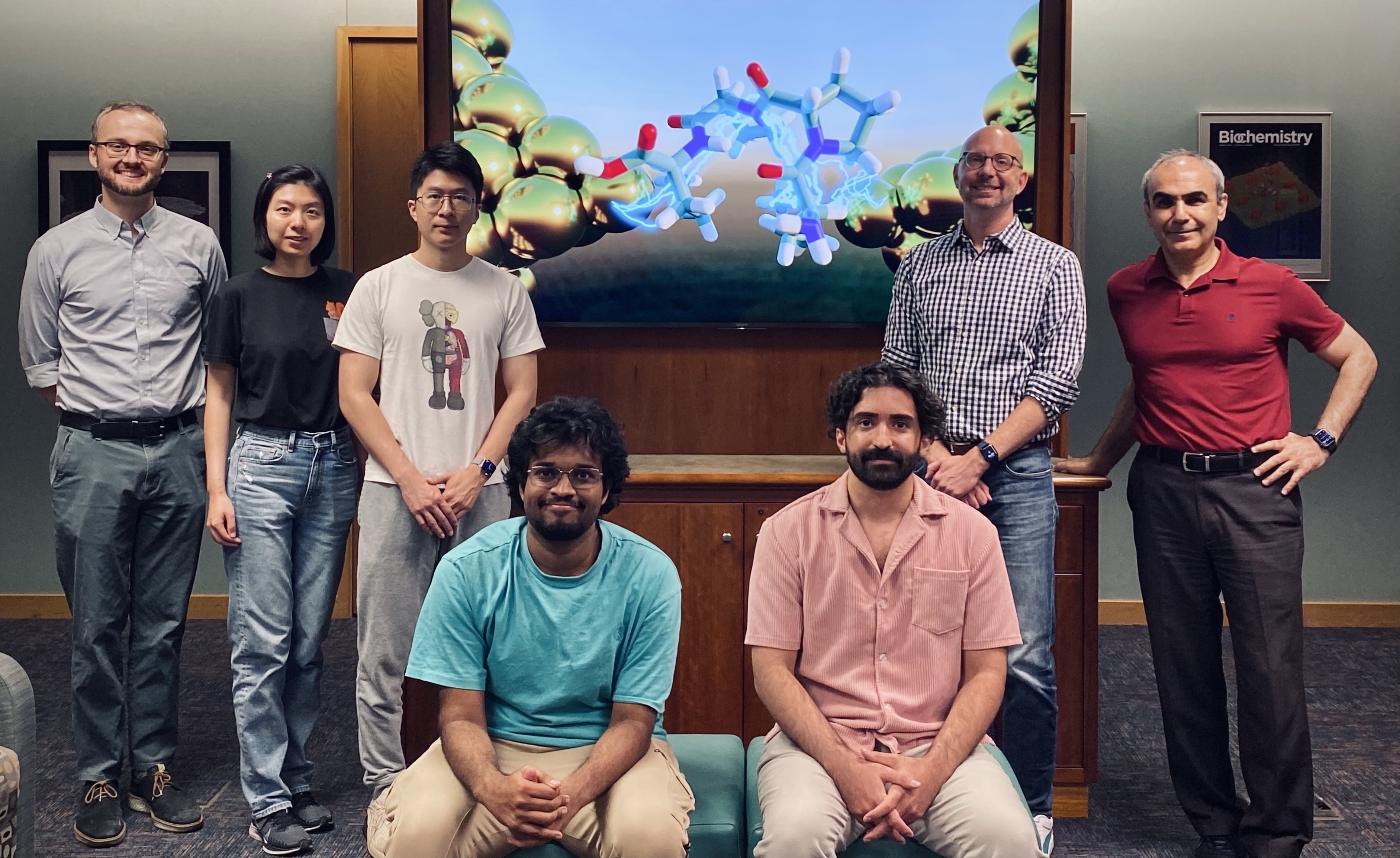 From left: Coauthors including Nicholas Jackson, Xiaolin Liu, Hao Yang, Rajarshi Samajdar, Moeen Meigooni, Charles Schroeder and Emad Tajkhorshid.