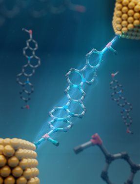 Artistic representation of a ladder molecule acting as a component in molecular electronics.