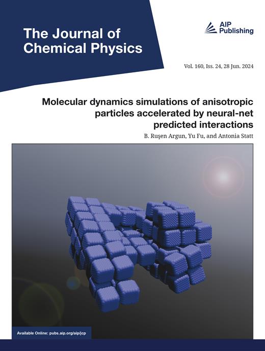 Cover of a journal which reads: The Journal of Chemical Physics. AIP Publishing. Vol. 160 Iss. 24, 28 Jun. 2024. Molecular dynamics simulations of anisotrpoic particles accelerated by neutral-net predicted interactions. B. Rusen Argun, Yu Fu. and Antonia Statt. There is a digitally rendered image of a clumped group of blue cubes which are made up of tightly packed spheres.